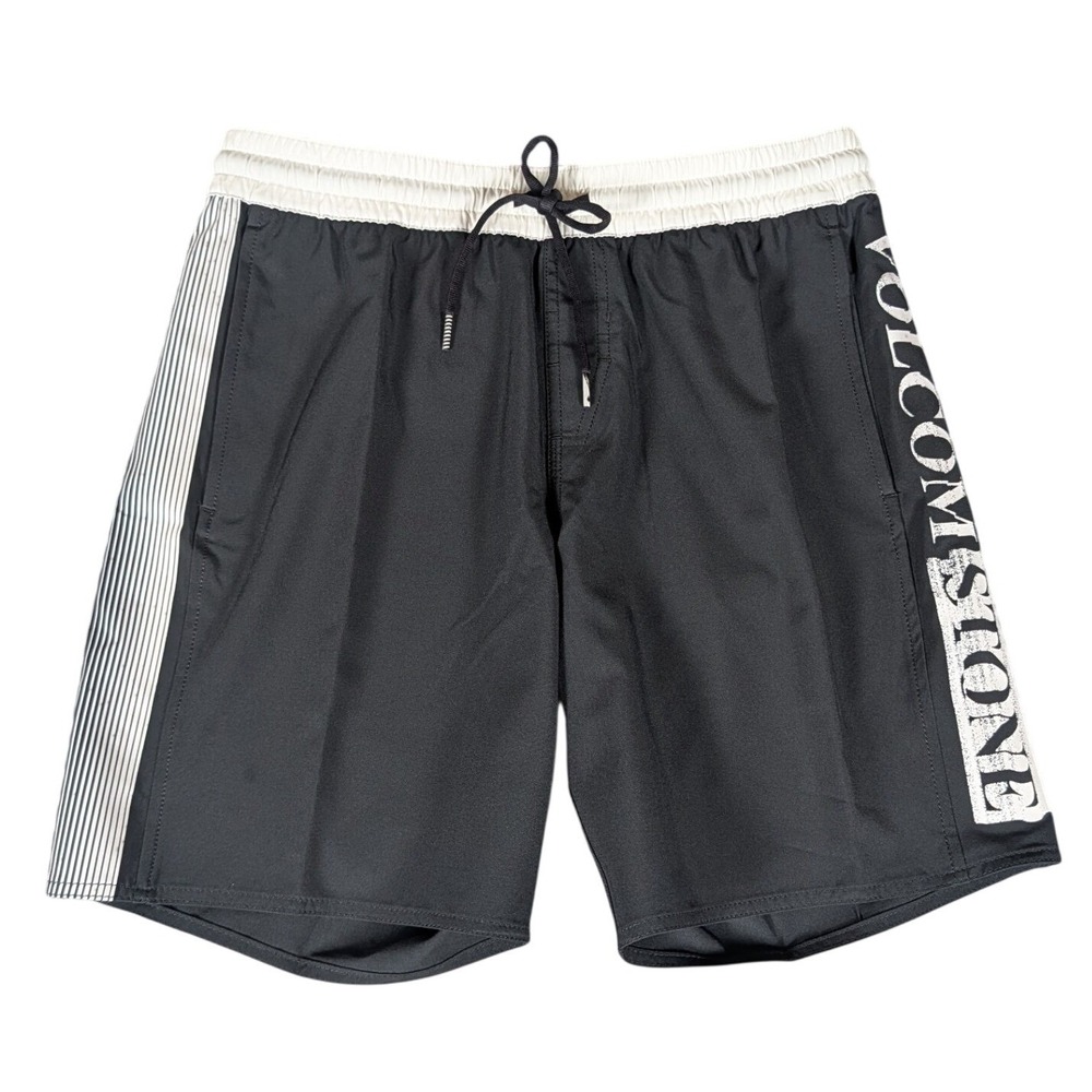 Volcom Stone‎ Mens Black White Striped Graphic Board Shorts Swim Trunks New